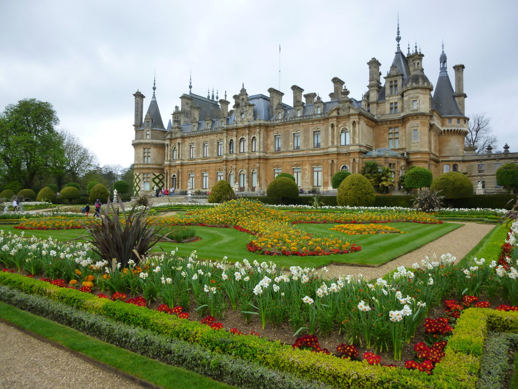 The formal parterre at Waddesdon Manor with intricate bedding patterns.